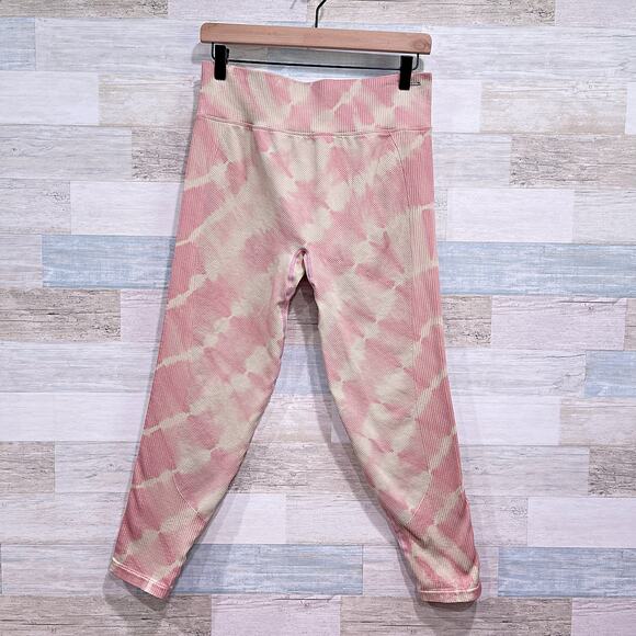 PINK ACTIVE Victorias Secret Ribbed Crop Tights Pink Beige Tie Dye Womens XL - Picture 1 of 5